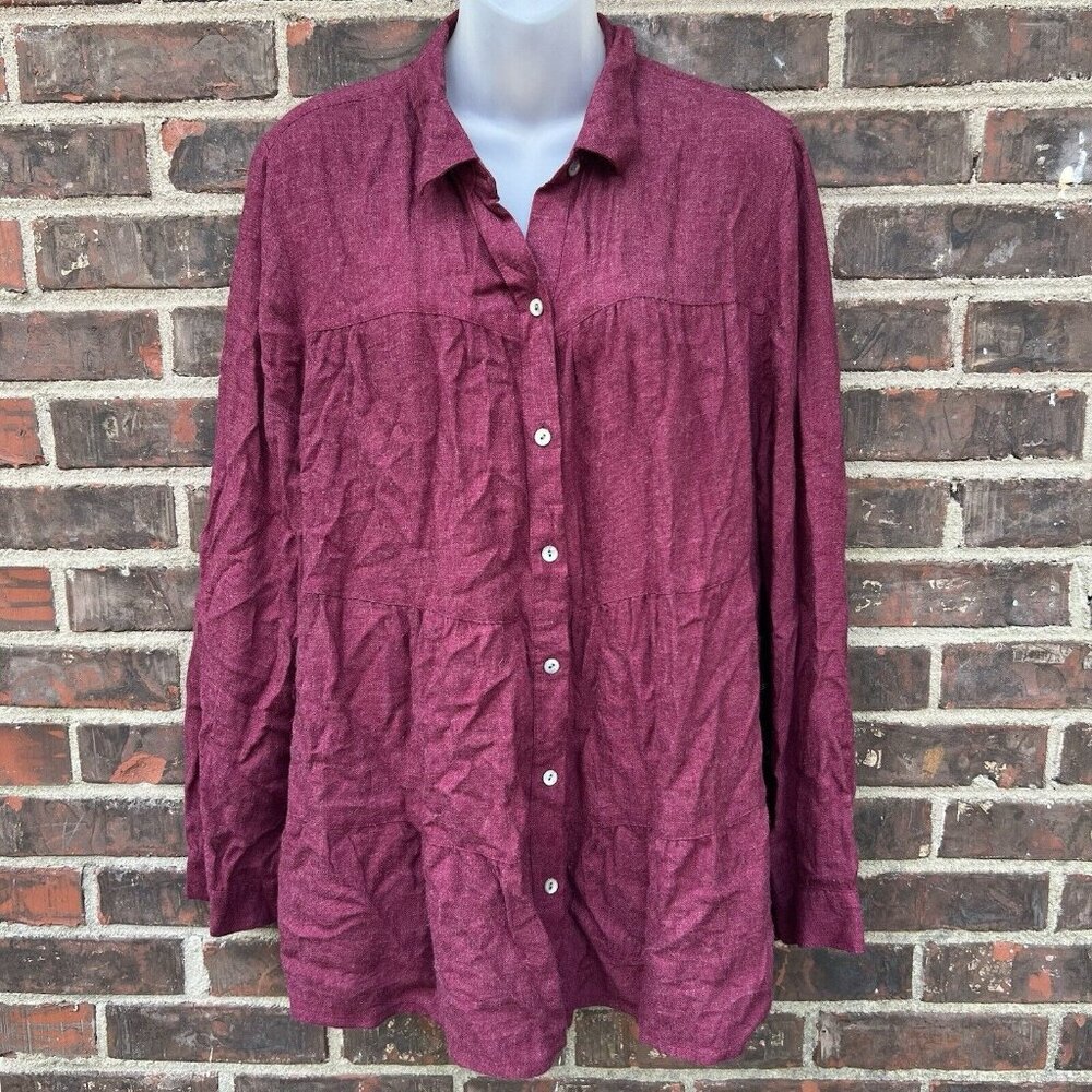 J. Jill Size L Red Tiered Collared Long Sleeve Shirt buttons Burgundy